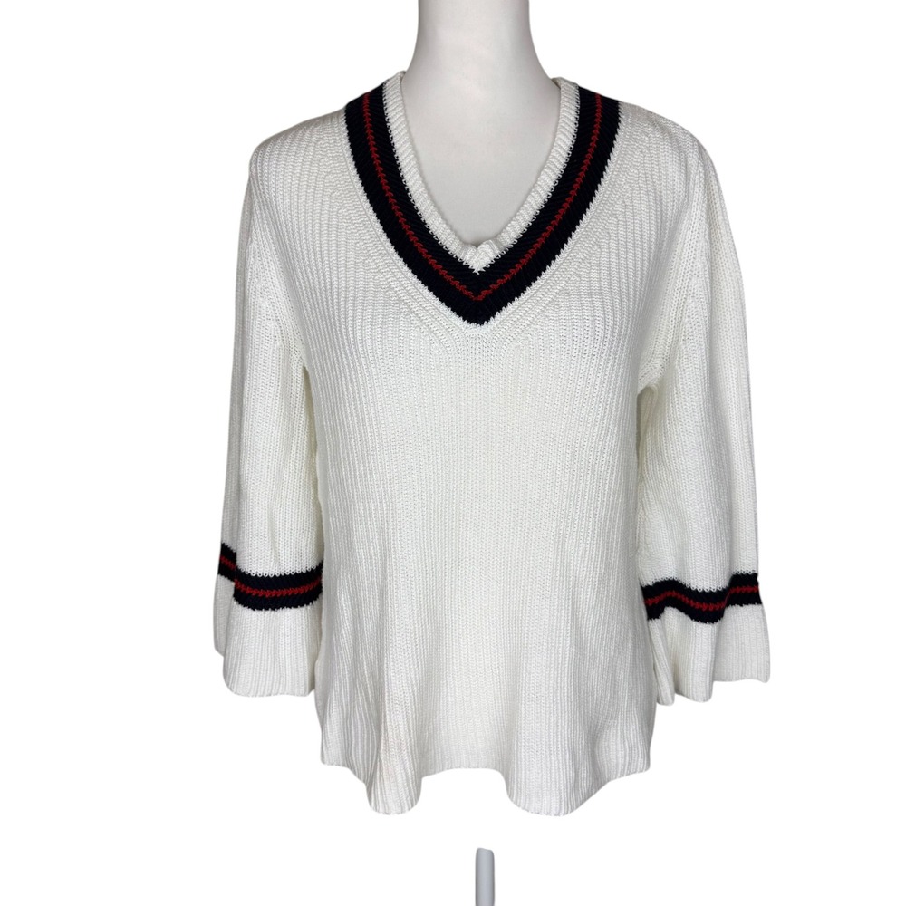 Cabi Ace hite Shaker Stitch V-Neck Pullover Sweater Striped Trim 5639 Small